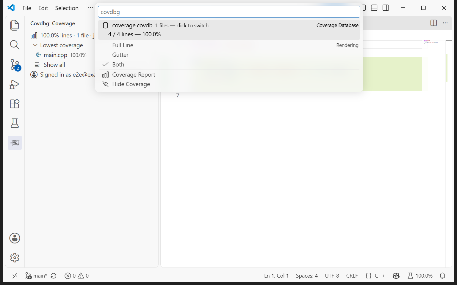 The covdbg menu with the coverage database, the rendering choices and the coverage report