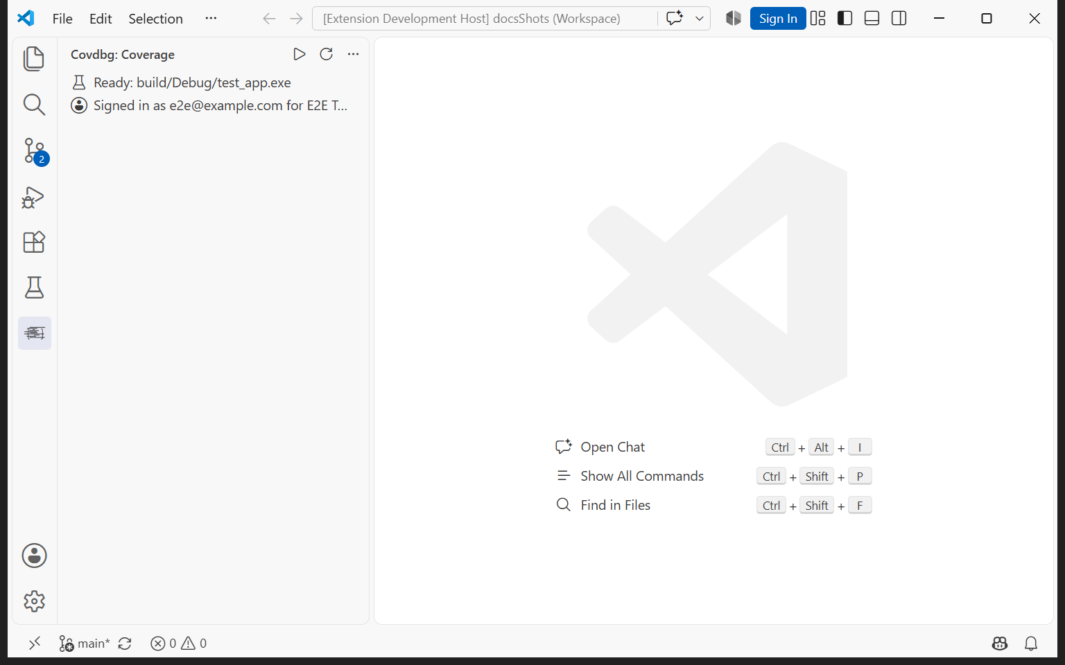 The Coverage view in VS Code, signed in and ready to run test_app.exe