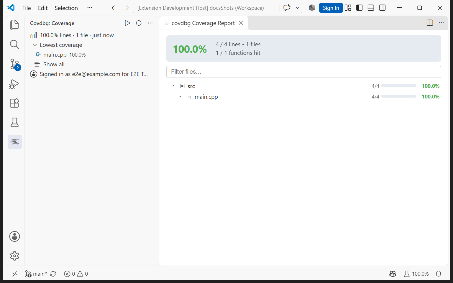 The covdbg coverage report in VS Code