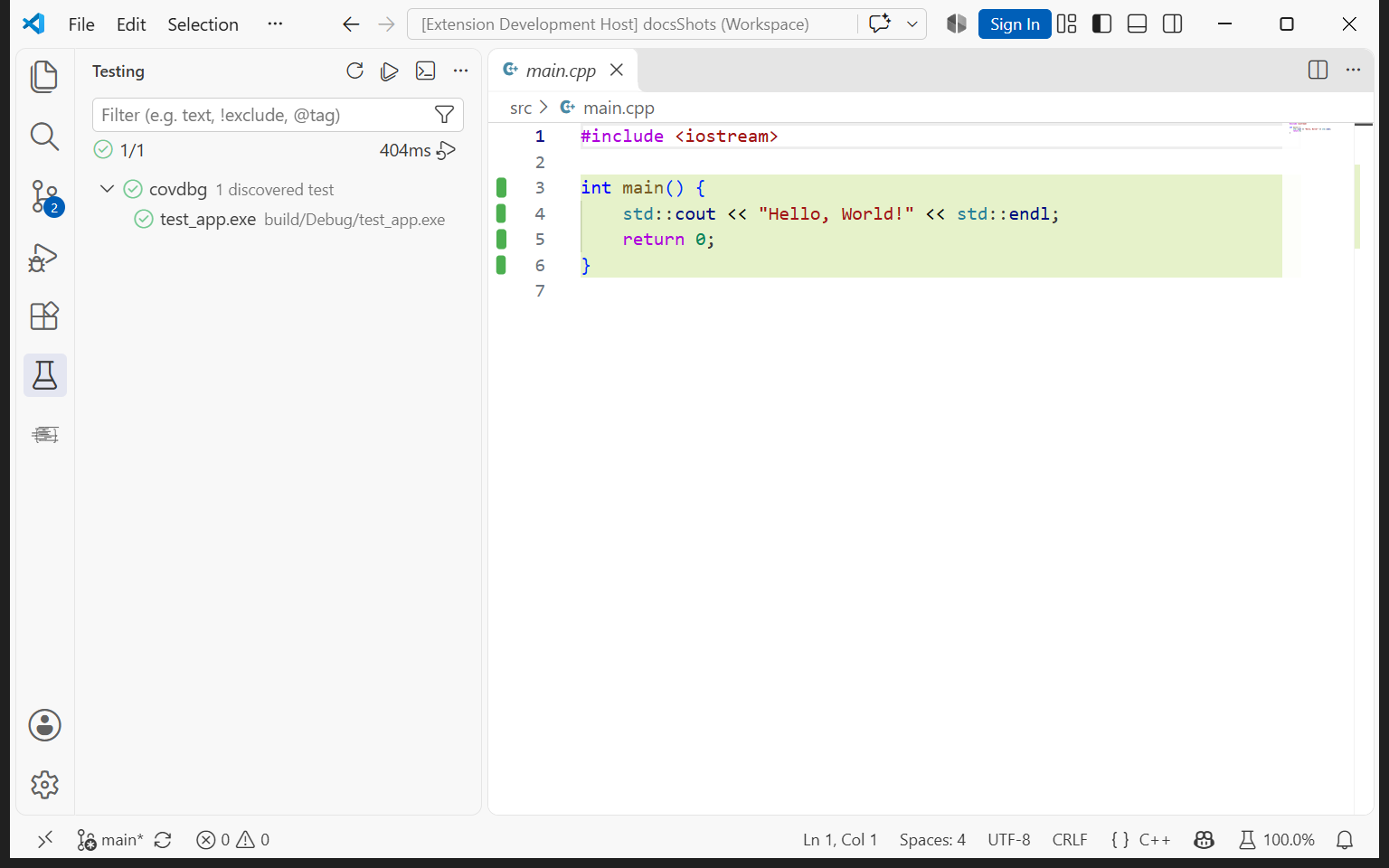The Testing view with test_app.exe run with coverage